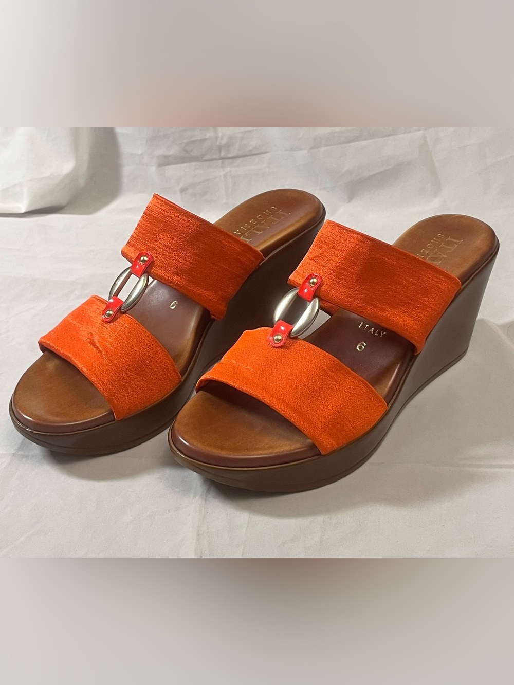 Italian Shoemakers Orange Suede Double-Strap Wedge Slides